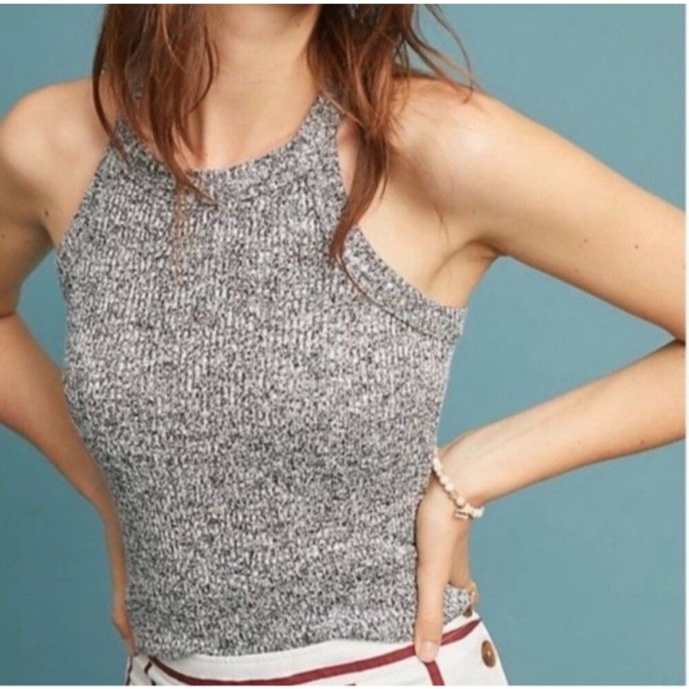 Anthropologie Maeve High Neck Stretch Gray Marled Cropped Tank Top Size Medium